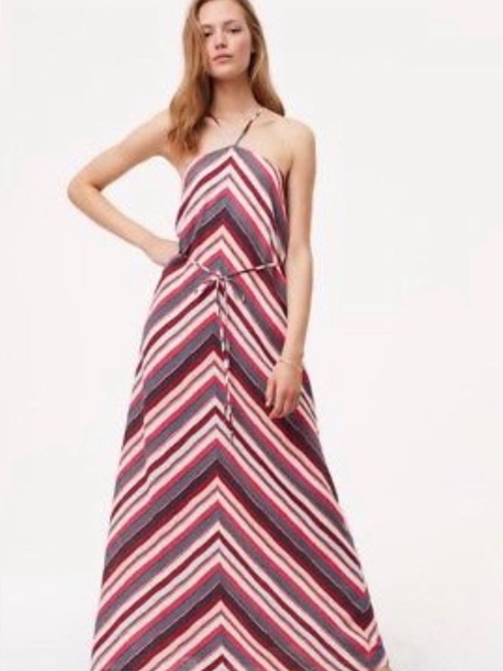 LOFT One-Shoulder Chevron Stripe Maxi Dress in Pinks mauves blues